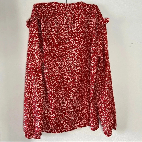 Leaf Print Ruffle Chic Blouse XL Split Neck Romantic Whimsical Boho Coquette - Picture 8 of 9